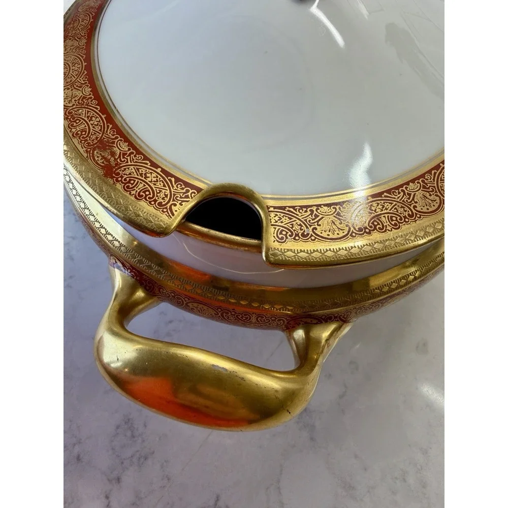 Antique B&C Limoges France Porcelain Soup Tureen Lidded Oval Red Gold Gilt 16765